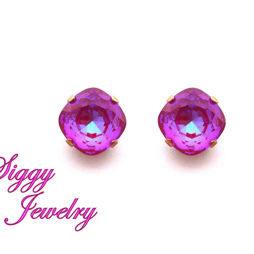 Raspberry Shimmer Crystal Stud Earrings, 12mm Cushion Cut Iridescent Hot Pink